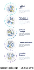 Major causes of biodiversity loss infographic design template. Impact on ecosystems. Data visualization with 5 options. Process vertical flow chart