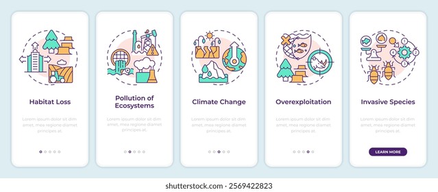 Major causes of biodiversity loss onboarding mobile app screen. Walkthrough 5 steps editable graphic instructions with linear concepts. UI, UX, GUI template