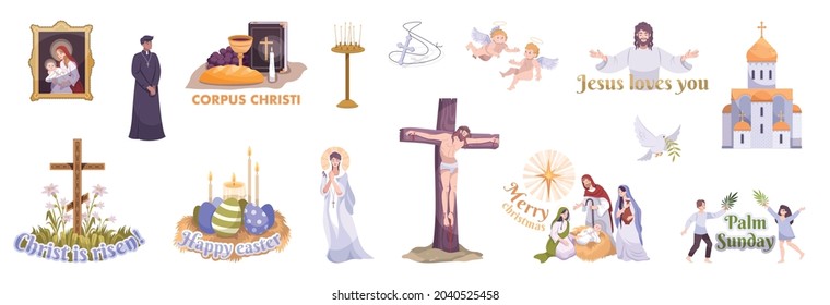 Major christian holidays easter christmas palm sunday celebrations symbols church cross candles jesus flat set vector illustration