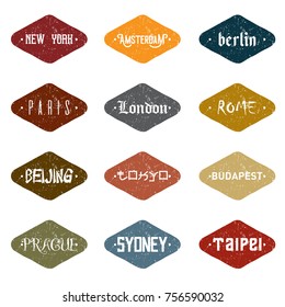 Major Cities Around World in Retro Grunge Pattern