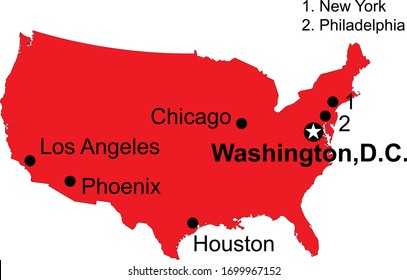 Major cities highlighted USA mainland map. Red background.