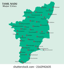 Major Cities in Indian State Tamilnadu Pinned in the Tamilnadu Map Vector illustration