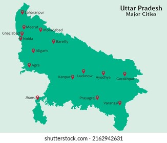 Major Cities in Indian State Uttar Pradesh Pinned in the Uttar Pradesh Map Vector illustration