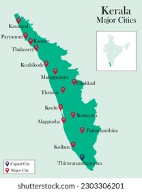 Major cities in Kerala pinned in Kerala map