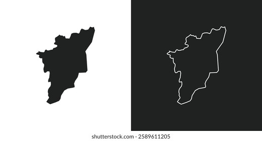 Major Cities in Tamil Nadu pinned on the Tamil Nadu map. Silhouette and line art of tamil nadu map.