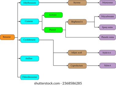 Major commodity chemicals and polymers derived from benzene. Vector illustration