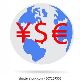 Major currencies all money on world map - vector business illustration