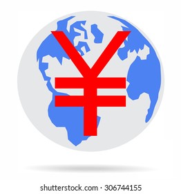 Major currencies chinese money (yuan) on world map - vector business illustration