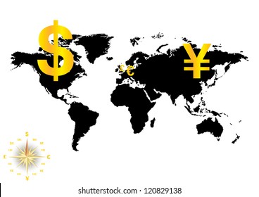 Major currencies on world map - vector business illustration