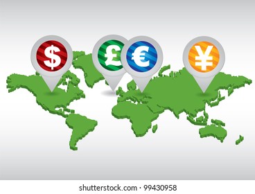 Major currencies on world map - vector business illustration