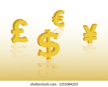 Major currencies of the world including dollar, pound, euro and yen in gold color vector illustration