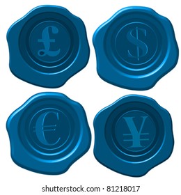 Major currency symbols on blue wax seal.