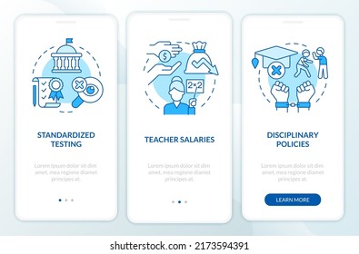 Major education issues blue onboarding mobile app screen. Walkthrough 3 steps editable graphic instructions with linear concepts. UI, UX, GUI template. Myriad Pro-Bold, Regular fonts used