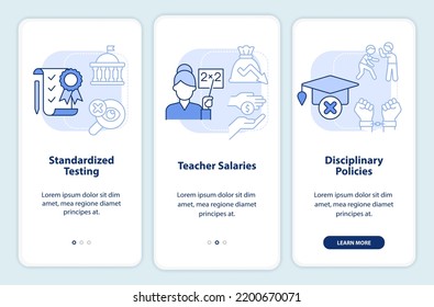 Principales problemas de educación: pantalla de aplicación móvil azul claro. Recorrido 3 pasos instrucciones gráficas editables con conceptos lineales. UI, UX, plantilla GUI. Multitud de tipos de letra Pro-Bold, con uso regular