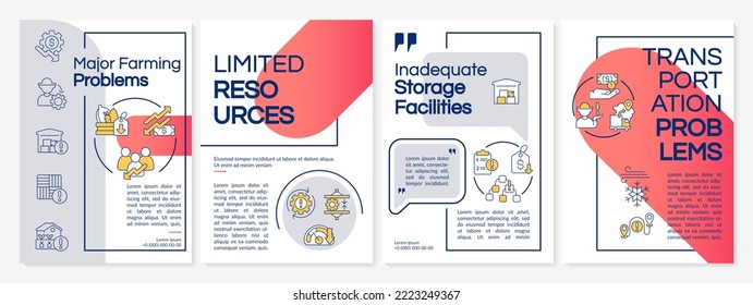 Major farming issues gray and red brochure template. Leaflet design with linear icons. Editable 4 vector layouts for presentation, annual reports. Questrial-Regular, Lato-Regular fonts used