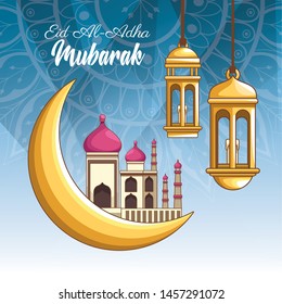 major festival of the Muslims and moon mosque chabdeliers on bluish background vector illustration graphic design