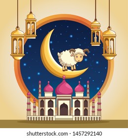 major festival of the Muslims and moon ram mosque chandeliers on night background vector illustration graphic design
