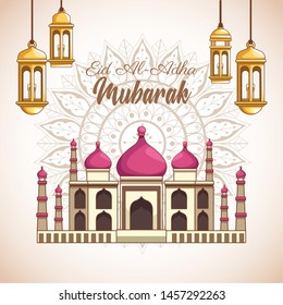 major festival of the Muslims and mosque with chandeliers in flower background vector illustration graphic design
