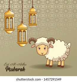 major festival of the Muslims and ram with chandeliers cartoon vector illustration graphic design