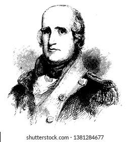 Major George Rogers Clark, 1752-1818, he was a surveyor, soldier, and military officer from Virginia, vintage line drawing or engraving illustration