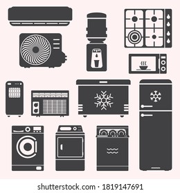 Major Home Appliences Set, Such As Stove, Fridge, Freezer, Water Cooler, Microwave, Air Conditioning, Dish Washer, Dryer, Washing Machine. Domestic Equipment. White Goods Vector Illustration.