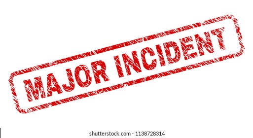 MAJOR INCIDENT stamp seal print with scratced style. Red vector rubber print of MAJOR INCIDENT text with scratched texture. Text label is placed inside rounded rectangle frame.