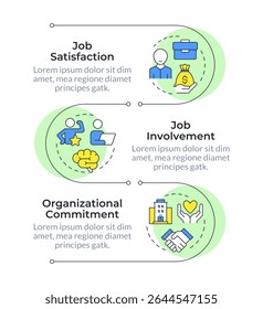 Principais atitudes de trabalho infográfico sequência vertical. Pagamento em dinheiro, salário. Organização do trabalho em equipe. Gráfico de informações de visualização com 3 etapas. Fluxo de trabalho de círculos