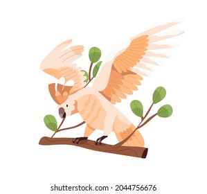 Major Mitchell cockatoo with crest and pink feathers. Tropical parrot on tree branch. Australian jungle bird. Exotic birdie. Flat cartoon vector illustration isolated on white background