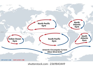 The major ocean gyres, world map. The most notable ocean gyres, flowing clockwise in the Northern and counterclockwise in the Southern hemisphere. Large systems of circulating ocean surface currents.