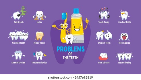 Major problems with teeth. Major dental problems expressed with toothpaste, toothbrush, and tooth characters.