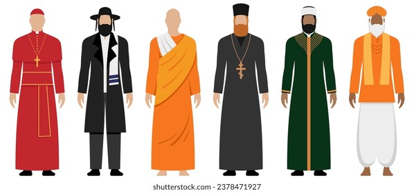 Major religions spiritual leaders with different style clothing, vector illustration set isolated.