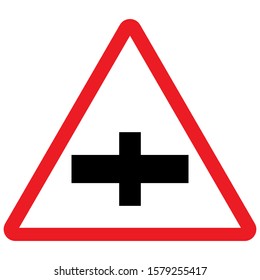Major road ahead traffic sign vector illustration. Red triangle background.