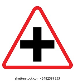 Major road ahead warning sign, red triangle, black arrow, traffic symbol, Cautionary Road Sign.