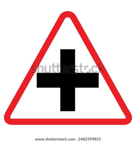 Major road ahead warning sign, red triangle, black arrow, traffic symbol, Cautionary Road Sign.