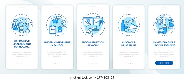 Major self-control problems blue onboarding mobile app page screen with concepts. Burnout walkthrough 5 steps graphic instructions. UI, UX, GUI vector template with linear color illustrations
