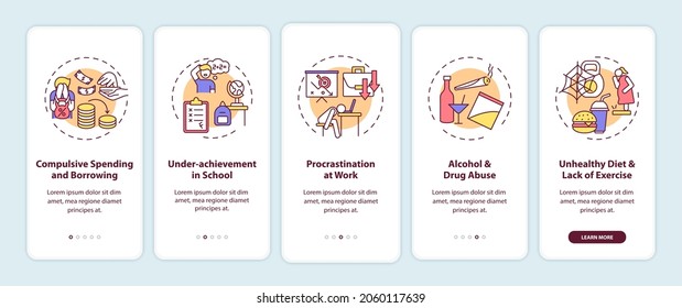 Major self-control problems onboarding mobile app page screen with concepts. Burnout walkthrough 5 steps graphic instructions. UI, UX, GUI vector template with linear color illustrations