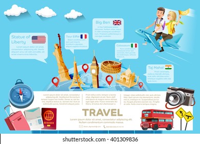 The major tourist attractions in the famous country.Template guide of International  travel. 