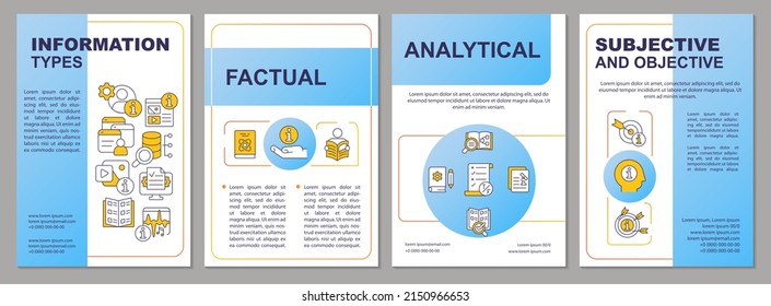 Major types of information blue brochure template. Subjective and objective. Leaflet design with linear icons. 4 vector layouts for presentation, annual reports. Arial, Myriad Pro-Regular fonts used