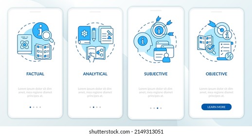 Große Arten von Informationen blauer Onboarding Mobile App-Bildschirm. Exemplarische Vorgehensweise für 4 Stufen - Seiten mit grafischen Instruktionen mit linearen Konzepten. UI, UX, GUI-Vorlage. Myriad Pro-kühne, Standardschriftarten verwendet