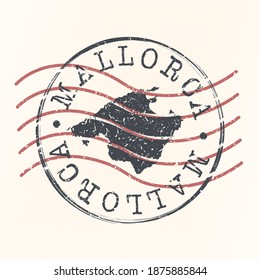 Mallorca, Balearen, Spanien Stamp Postal. Kartensilhouette-Siegel. Passport Round Design. Vektorsymbol. Design Retro Travel.