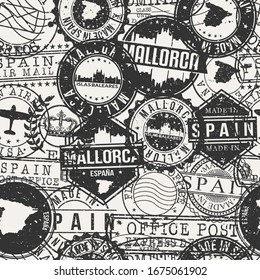 Majorca, Balearic Islands, Spain Stamps Background. A City Stamp Vector Art. Set of Postal Passport Travel. Design Set Pattern.