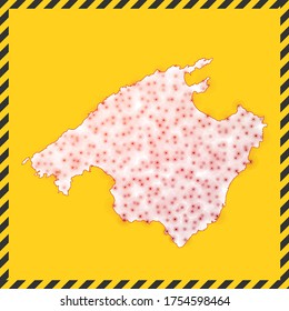 Majorca closed - virus danger sign. Lock down island icon. Black striped border around map with virus spread concept. Vector illustration.