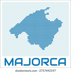 Majorca digital style map with blue rounded rectangle dots. Spain. Dotted shape of the island. Majorca blue colored map and title on white background. Modern Vector Illustration.