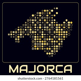 Majorca digital style map. Large circle dots on dark background. Dotted shape of the island. Majorca map and title. Stylish vector illustration.