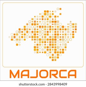 Majorca digital style map. Large roundedSquare dots on white background. Dotted shape of the island. Majorca map and title. Vibrant vector illustration.