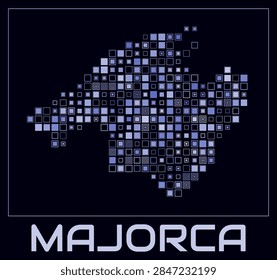 Majorca digital style map. Large square dots on dark background. Dotted shape of the island. Majorca map and title. Vibrant vector illustration.