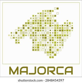 Majorca digital style map. Large square dots on white background. Dotted shape of the island. Majorca map and title. Classy vector illustration.
