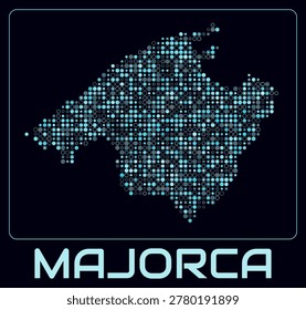 Majorca digital style map. Small circle dots on dark background. Dotted shape of the island. Majorca map and title. Stylish vector illustration.