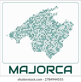 Majorca digital style map. Small circle dots on white background. Dotted shape of the island. Majorca map and title. Amazing vector illustration.