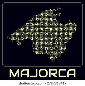 Majorca digital style map. Small roundedSquare dots on dark background. Dotted shape of the island. Majorca map and title. Amazing vector illustration.